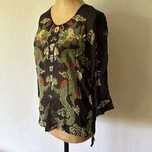 Citron sz S silk black red free semi sheer dragon blouse, side ties great cond